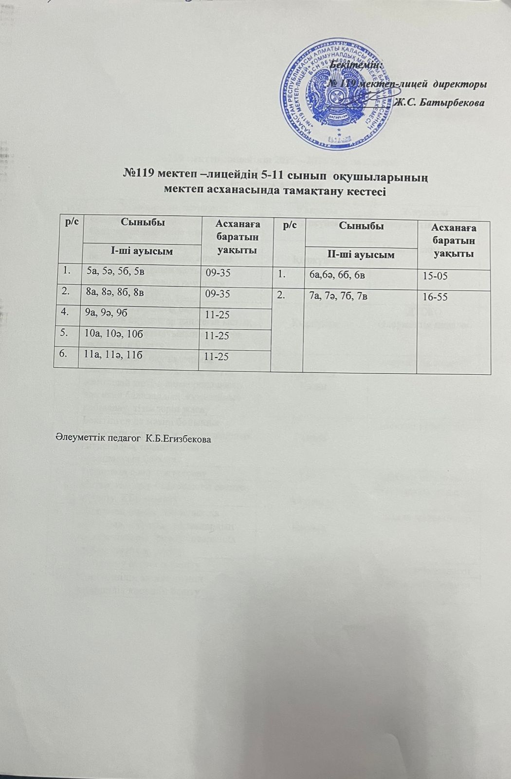 Оқушылардың тамақтану кестесі